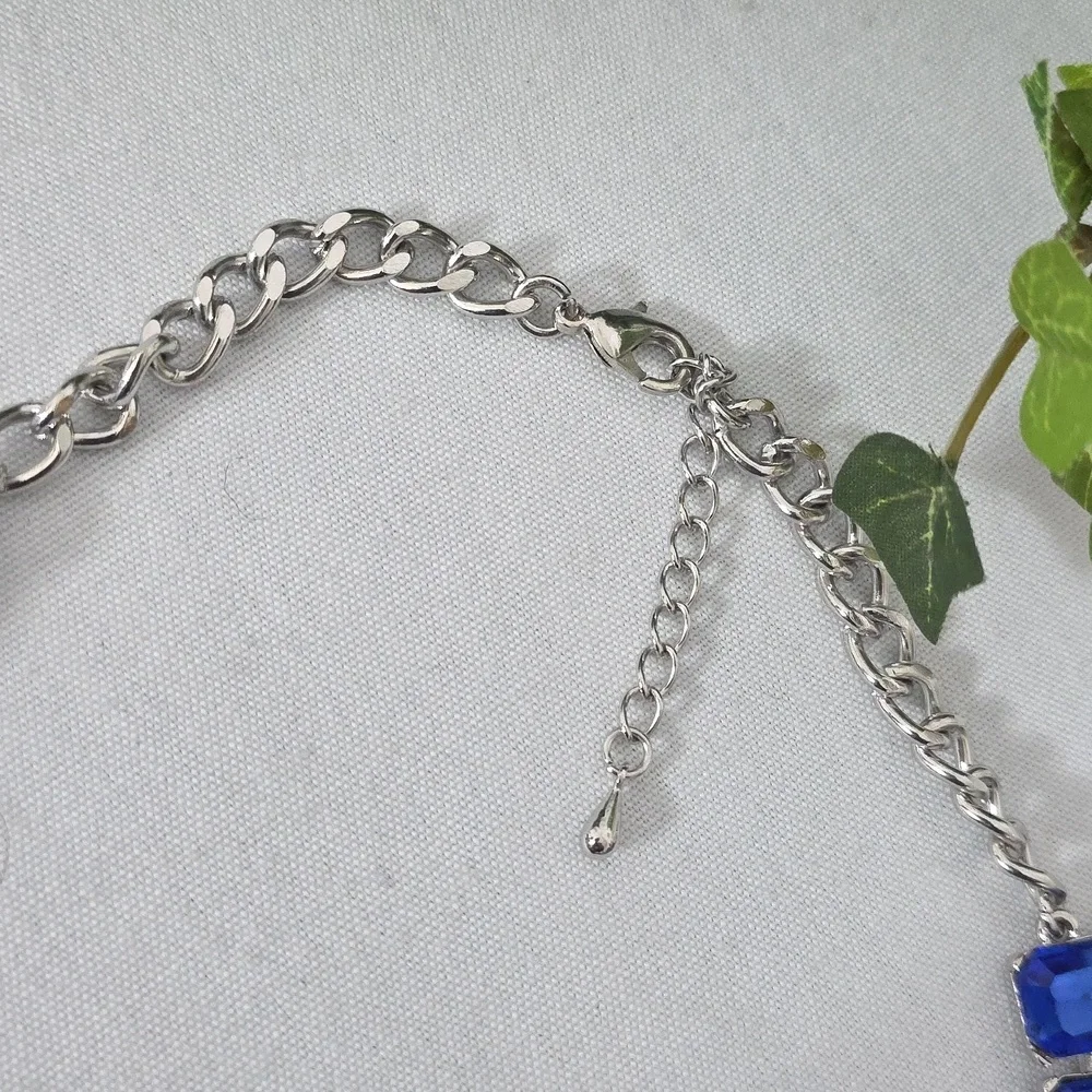Statement Silver with Blue Crystal Stones Necklace and Matching Earrings Set